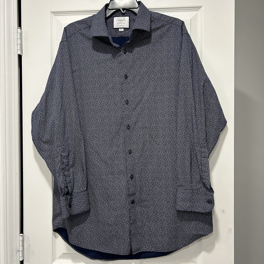 Charles Tyrwhitt Mens 17 / 34" Button Up Shirt Navy Blue Classic Fit Long Sleeve